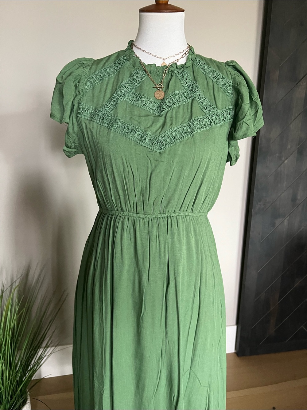 Baltic Born Olive Green Lace Yoke Midi Dress - Picture 5 of 8